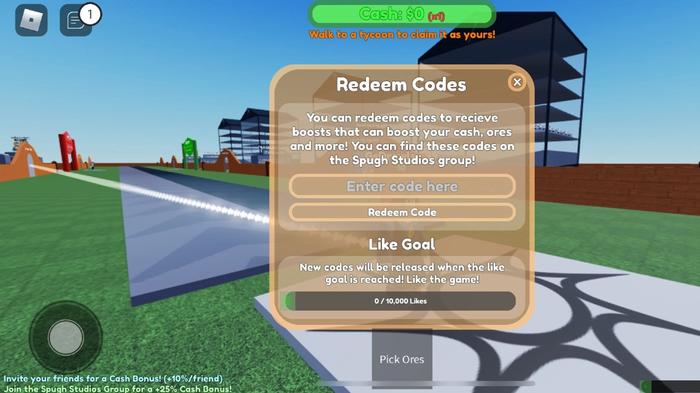 Image of the Ore Smelting Tycoon code redemption screen.
