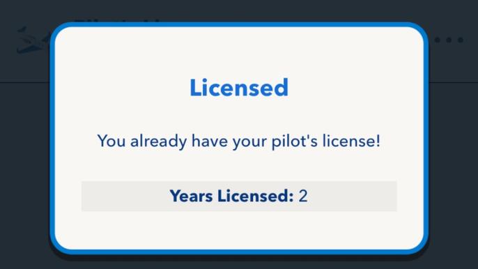 Screenshot from BitLife, showing the character having passed their pilot's test