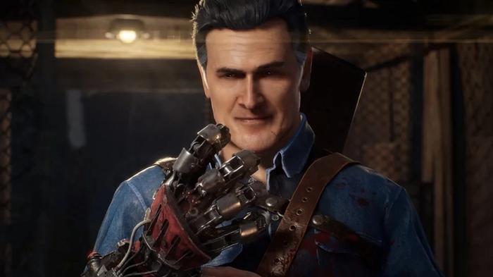 Image of Ash with his mechanical hand in Evil Dead.