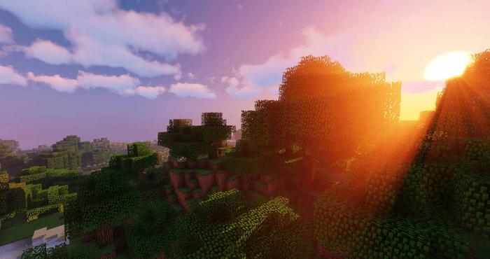 sun over the hill in Minecraft with shaders on.