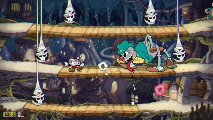 Phase one of the Cuphead Bootlegger Booty Moonshine Mob boss battle.