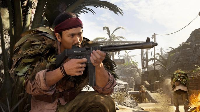 A soldier crouching while aiming a gun in Call of Duty