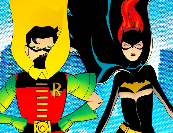 Robin and Batgirl are on a comic book cover.
