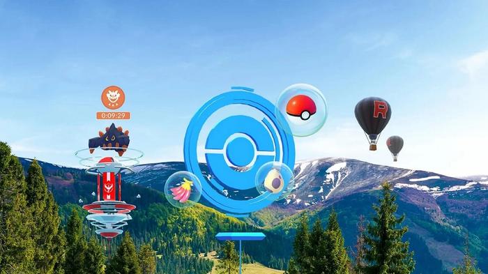 Pokémon items hover in the air around a giant PokéStop, overlaid over a beautiful view of a forested hillside and mountains.