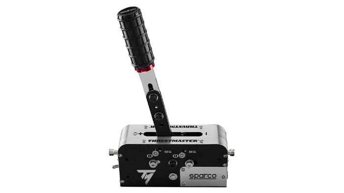 Best sim racing shifter Thrustmaster TSS Handbrake Sparco Mod+ product image silver, black, and red sequential shifter.