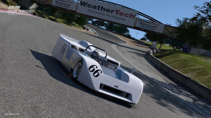 The Chaparral 2J racing around Laguna Seca in Gran Turismo 7.