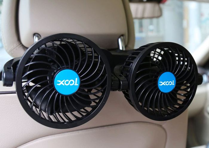 Best car fan XOOL Electric Car Fans product image of two black fans with blue details.
