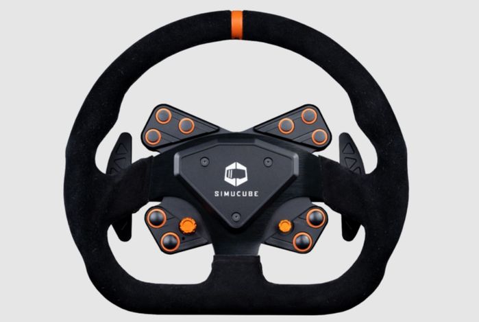 Latest racing wheel news Simucube product image of a black and orange wireless wheel.