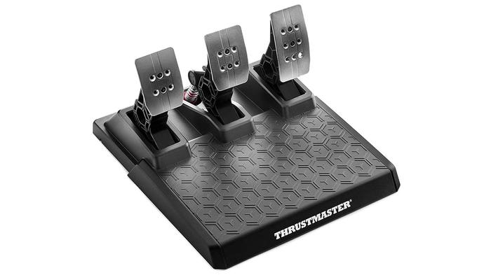 Best sim racing pedals Thrustmaster T-3PM product image of a silver metal set of three pedals on a black base.