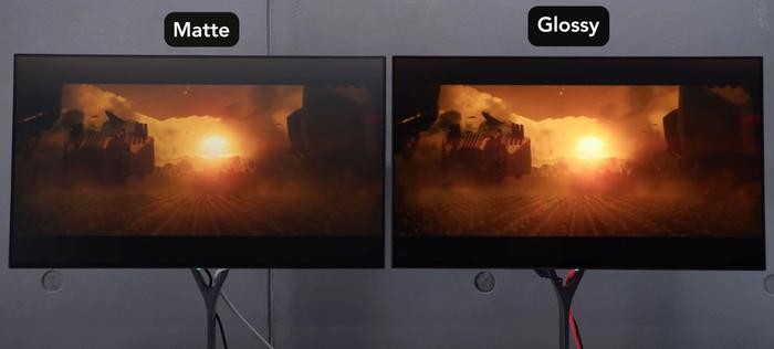Latest monitor news Eve Spectrum product image of comparison between its matte and glossy monitors.