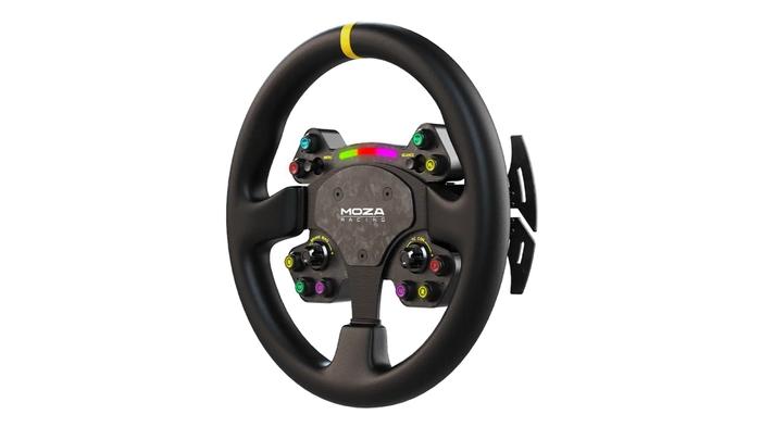 Best wheel for rFactor 2 - MOZA product image of a black wheel with multi-coloured buttons and a yellow centre line.