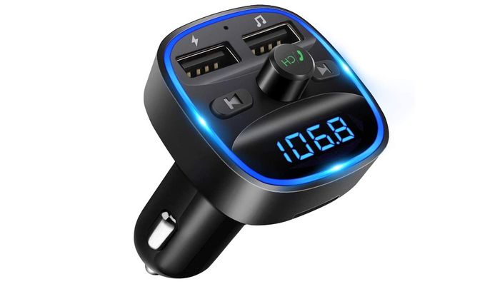Best Bluetooth transmitter for car LECENT product image of a black device with a blue LED light.