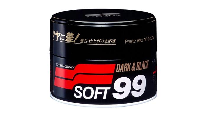 Best car wax for black cars SOFT99 product image of a black tub of wax with gold Japanese writing and red details.
