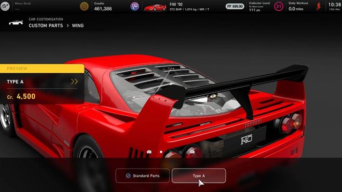 The Ferrari F40 getting a rear wing mod in Gran Turismo 7