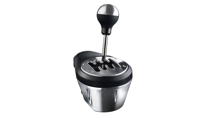 Best sim racing shifter Thrustmaster TH8A product image of a H-pattern silver and black gear stick.