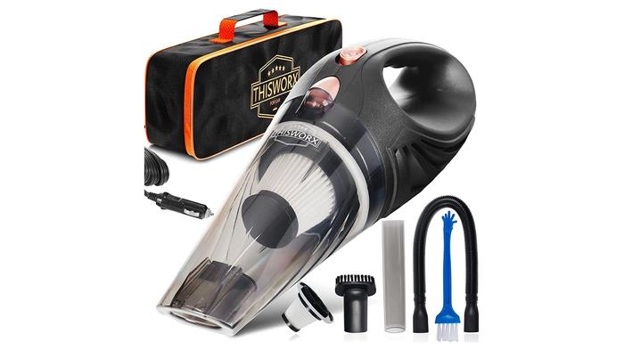Best car vacuum ThisWorx product image of a black handheld device with a clear front and a black and orange carry bag.