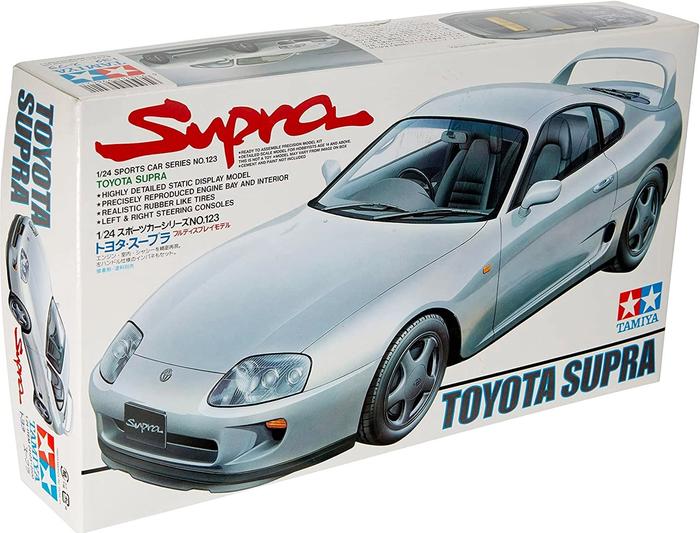 Best model car kits for adults Tamiya product image of a silver Toyota Supra.