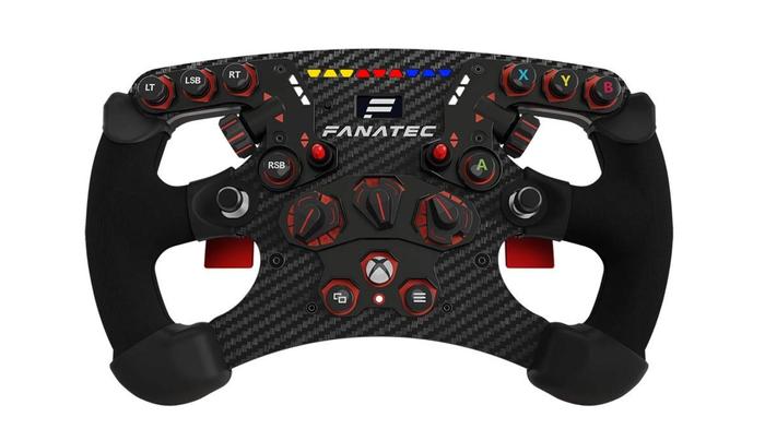 Best wheel for rFactor 2 - Fanatec product image of a black Formula-style racing wheel with orange buttons.
