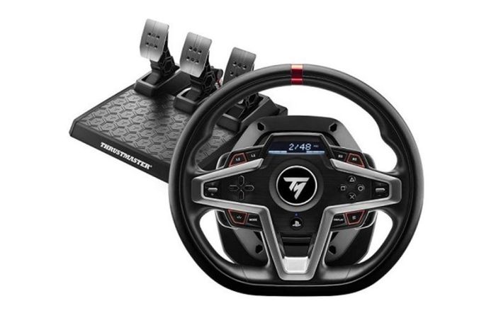 Best wheel for Gran Turismo 7 Thrustmaster T248 product image of a black wheel with pedals.