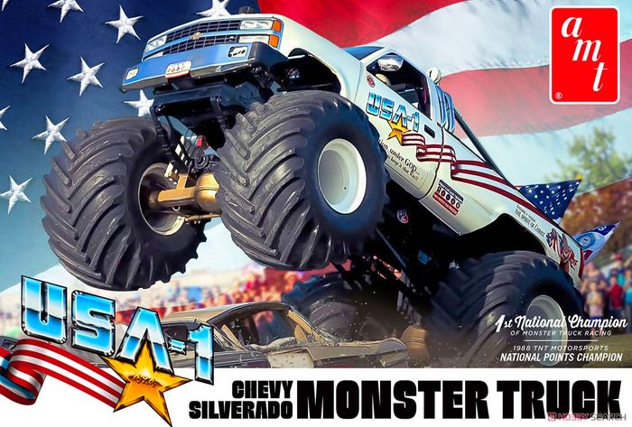Best model car kits for adults AMT product image of a white monster truck featuring American flags as decals.