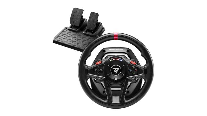 Best wheel for Assetto Corsa - Thrustmaster T128 P / X product image of a black and red racing wheel.