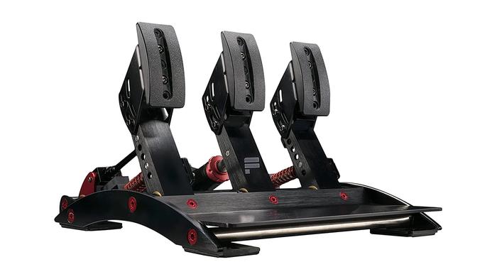 Best sim racing pedals Fanatec ClubSport Pedals v3 product image of a black and red set of three pedals.
