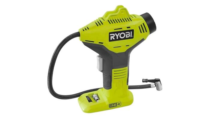 Best car tyre inflator Ryobi product image of a light green and black machine with Ryobi branding on the side.