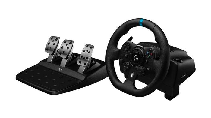 Best wheel for Forza Motorsport - Logitech G293 product image of a black sim racing wheel with a blue line on the rim next to a set of metal pedals.