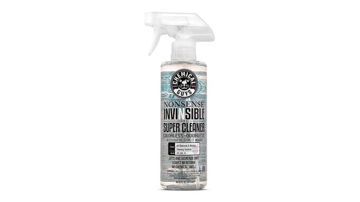 Best car upholstery cleaner Chemical Guys product image of a white spray bottle with a blue and silver label.