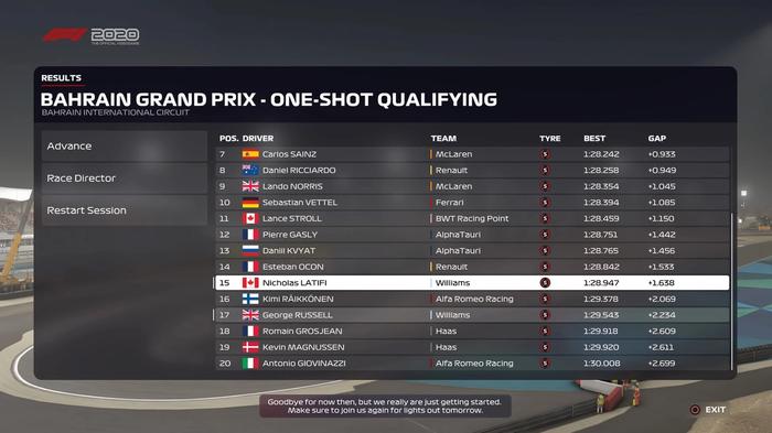F1 2020 Bahrain GP Sakhir International Circuit  one-shot qualifying