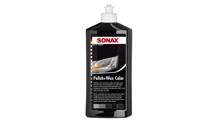 Best car wax for black cars SONAX product image of a black bottle with a white cap.