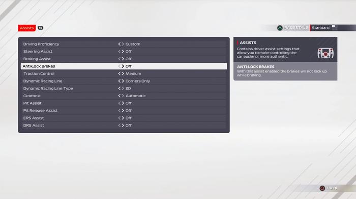 F1 2021 settings menu