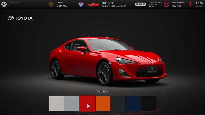 Gran Turismo 7 Toyota GR86 paint selector in Brand Central