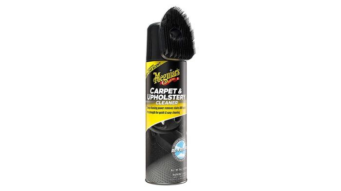 Best car upholstery cleaner Meguiar's product image of a black canister with a brush cap attachment and yellow label.