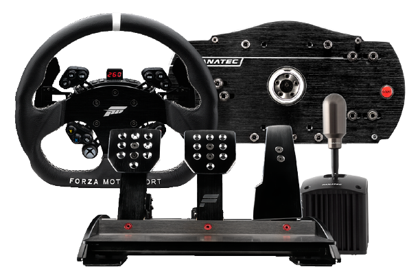 Best wheel for Forza Motorsport - Fanatec Forza Motorsport Racing Wheel product image of a black wheel next to a wheel base and a set of pedals and a shifter.