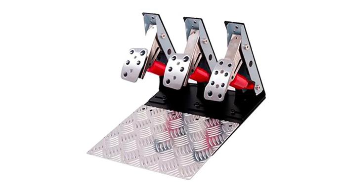 Best sim racing pedals Extreme Simracing Inverted Pedals product image of a set of three silver metal pedals with red and black details.