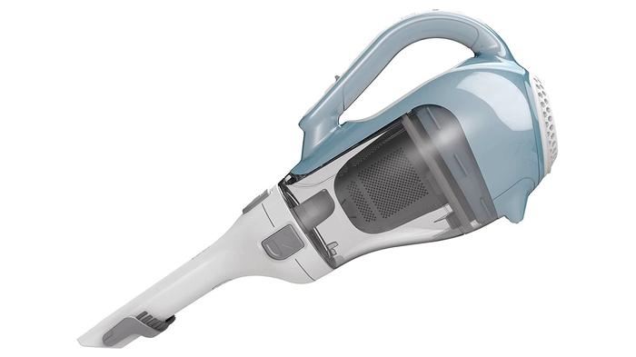 Best car vacuum cleaner BLACK+DECKER product image of a light blue, grey, and white handheld device.