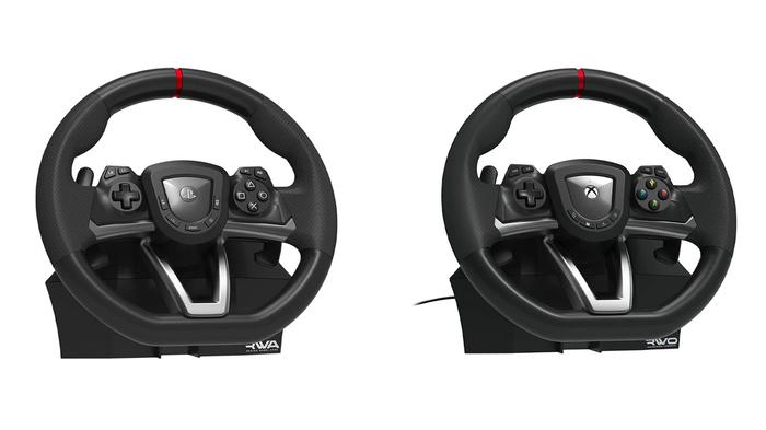 Best wheel for Assetto Corsa - Hori Apex / Overdrive product image of two black wheels with Xbox and PlayStation logos in the centre.