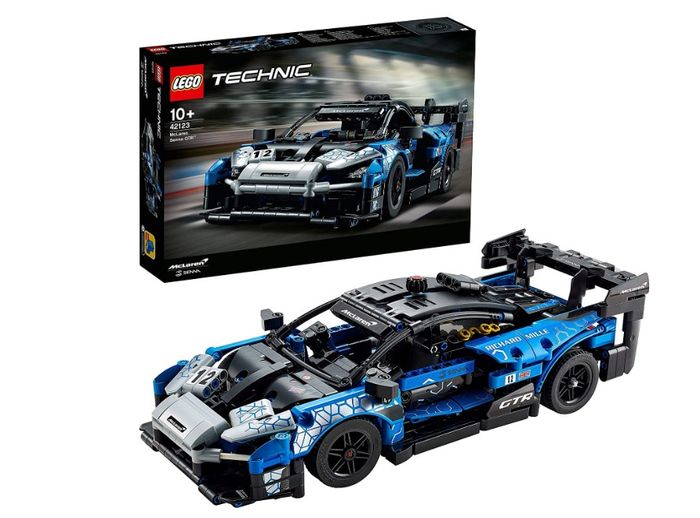 Best car LEGO set McLaren product image of a blue and black racing car with sponsors.