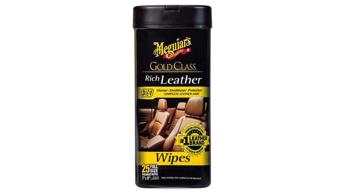 Best car leather cleaner Meguiar's product image of a black and yellow wipe container.