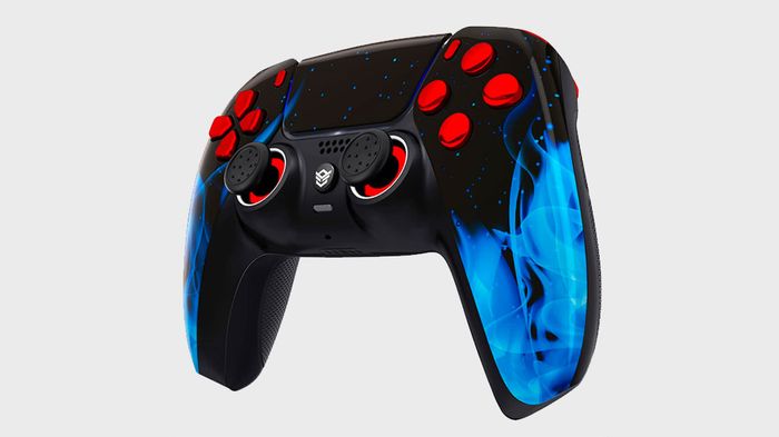Best controller for F1 22 HexGaming product image of a black and red custom PS5 controller with blue flame details.