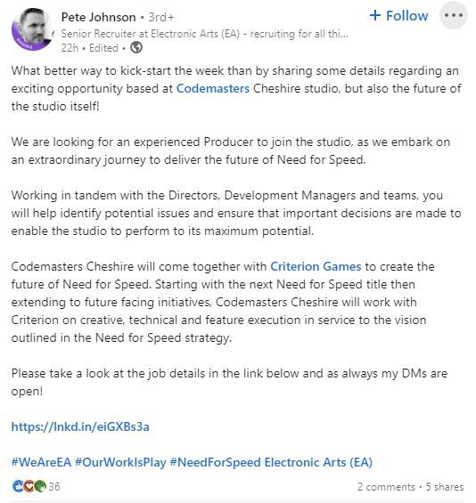 Linkedin job listing confirms Codemasters Cheshire is working on Need for Speed with Criterion