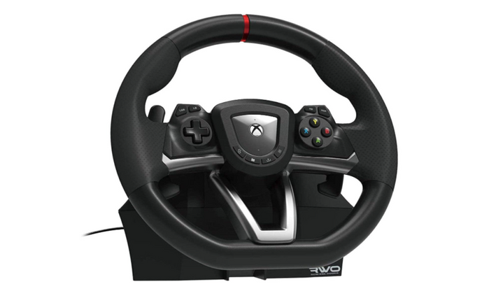 Best wheel for Forza Motorsport - Hori Overdrive product image of a black wheel with a red line down the centre of the rim and the Xbox logo in the centre.