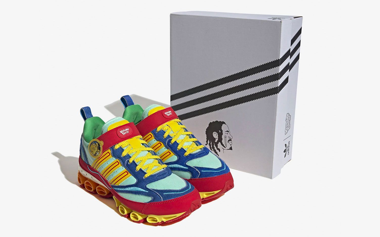 Kerwin Frost x adidas Microbounce T1 product image of a pair of multi-coloured low-top sneakers.