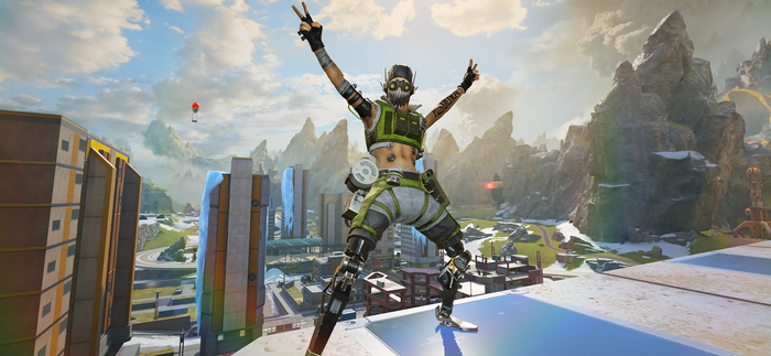 The Apex Legends Character Octane Posing on the Worlds Edge map