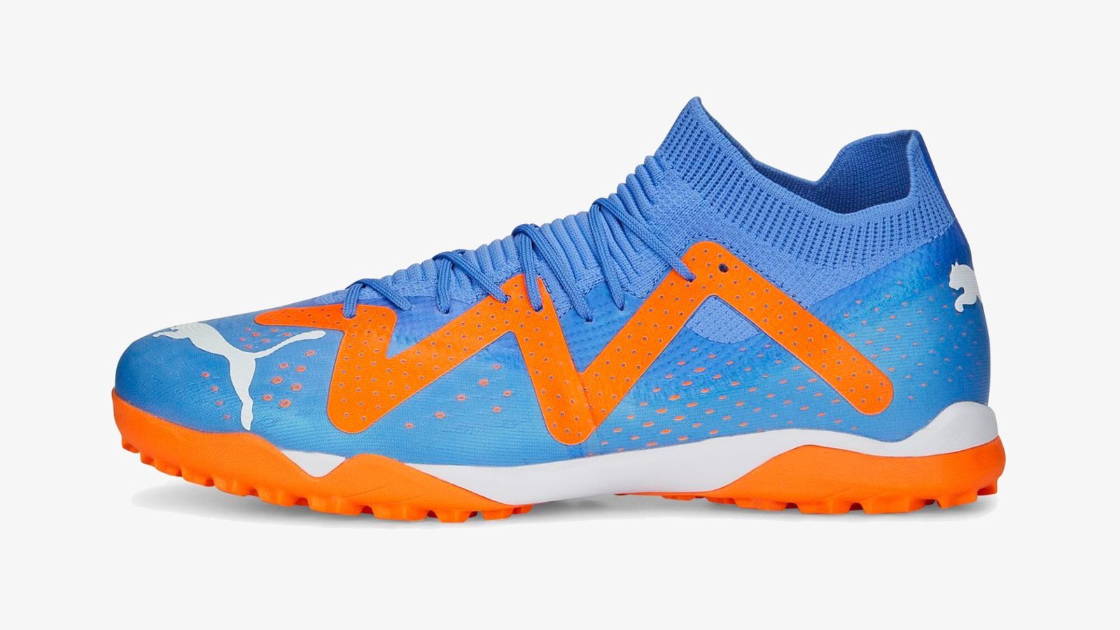 PUMA FUTURE Match TT product image of a bright blue astro turf boot featuring orange and white details.