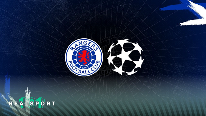 Rangers badge and Champions League logo with blue background