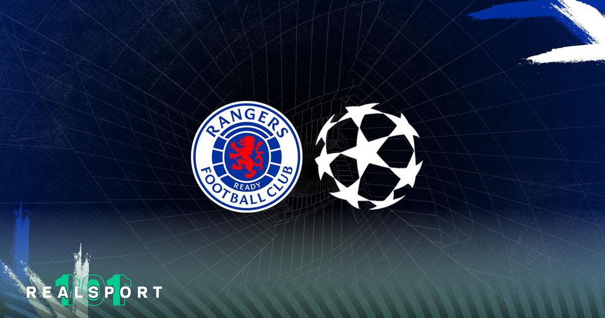 Rangers badge and Champions League logo with blue background