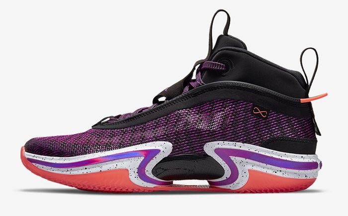 Best Air Jordan 36 product image of a purple and black sneaker with orange details.