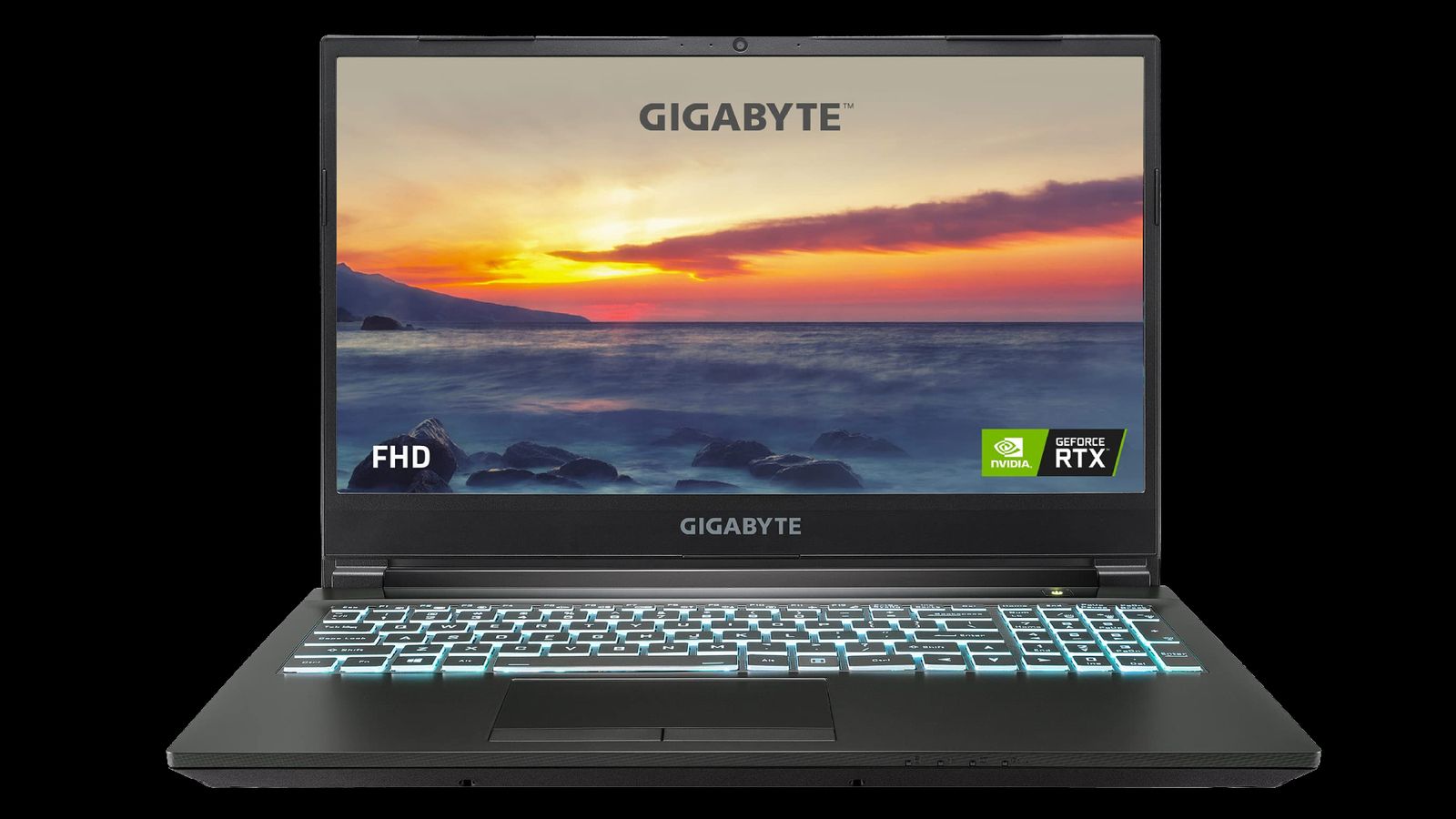 Gigabyte G5 MD product image of a black laptop with green backlit keys and a sunset on the display.